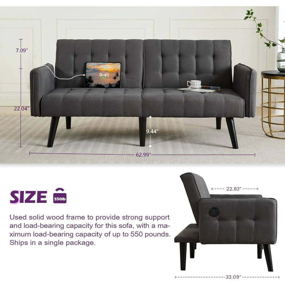 Futon Sofa Bed With USB Tufted Upholstered Loveseat Modern Mid Century