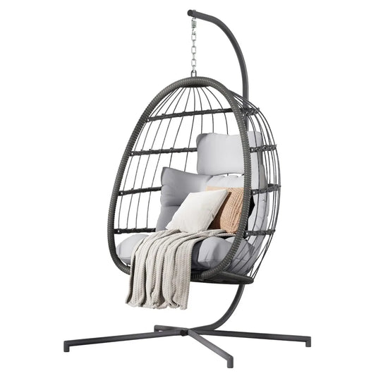 Hanging Egg Chair With Stand Outdoor Patio Wicker Swing Cushion