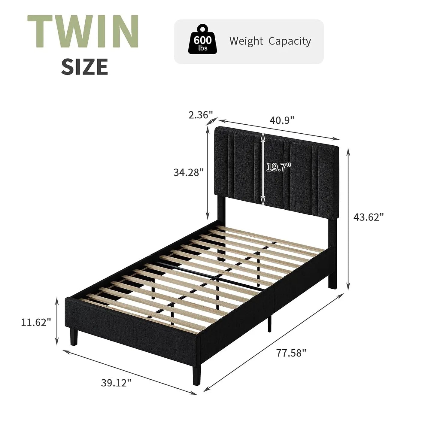 Twin Bed Frame With Adjustable Upholstered Headboard Linen Fabric