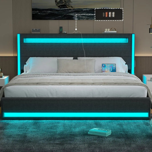 Platform Bed With LED Lights USB Charging And Adjustable Headboard