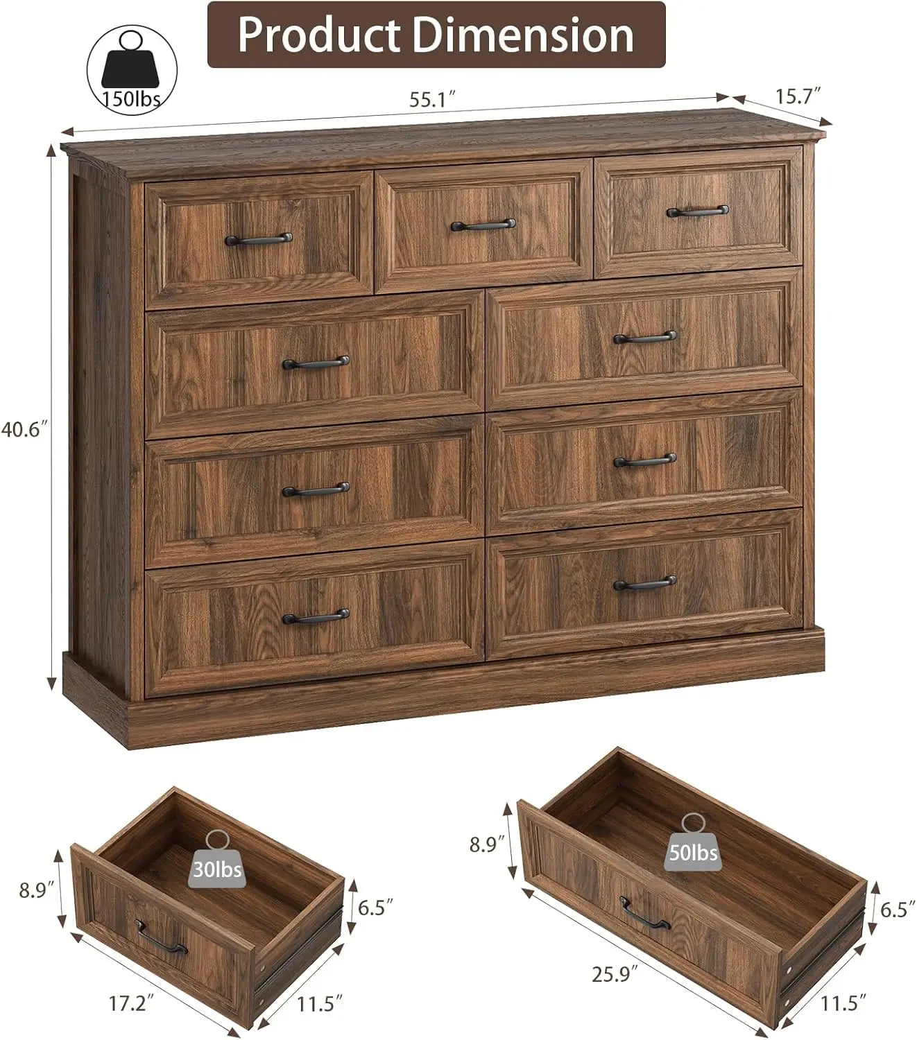9 Drawer Dresser for Bedroom,with Large Drawers, 55 Inch Wide Modern Walnut Dresser TV Stand