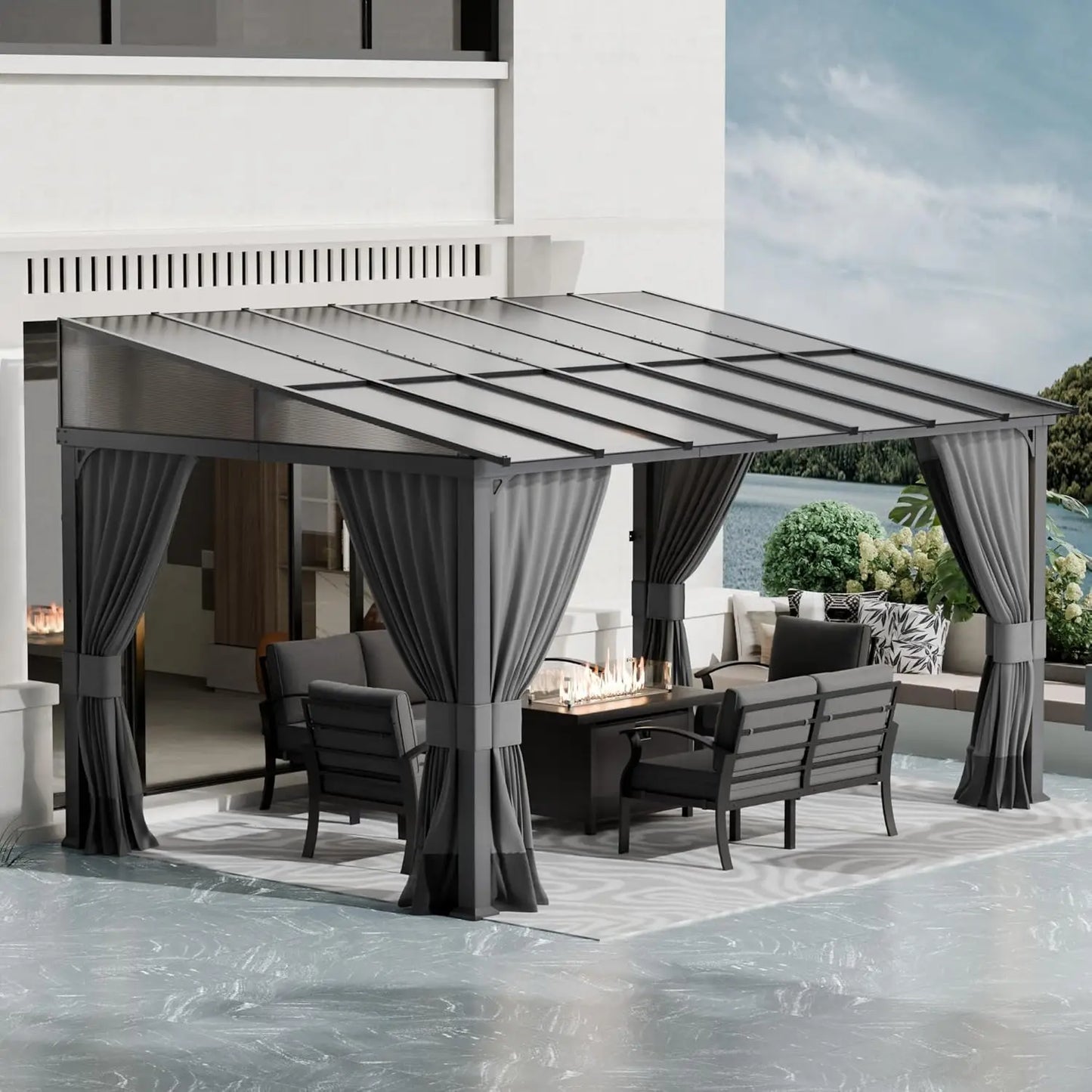 DUOFU Wall Mounted Gazebo Hardtop Metal Frame With Curtains Patio
