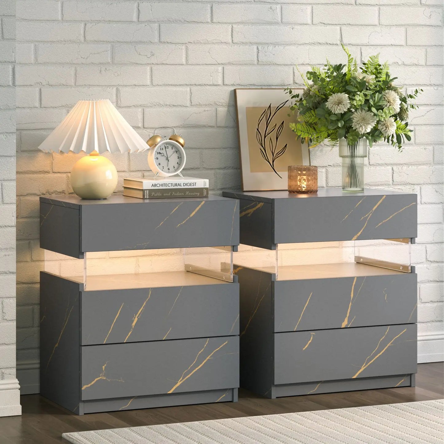 Cubehom LED Bedside Tables 2 Pack With 3 Drawers Bedroom