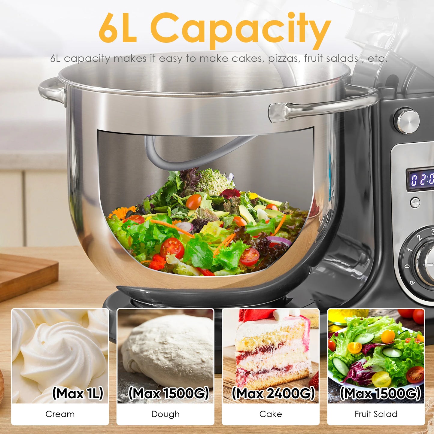 Biolomix 1200W 6 Speed Stand Mixer with 6L Bowl Tilt Head