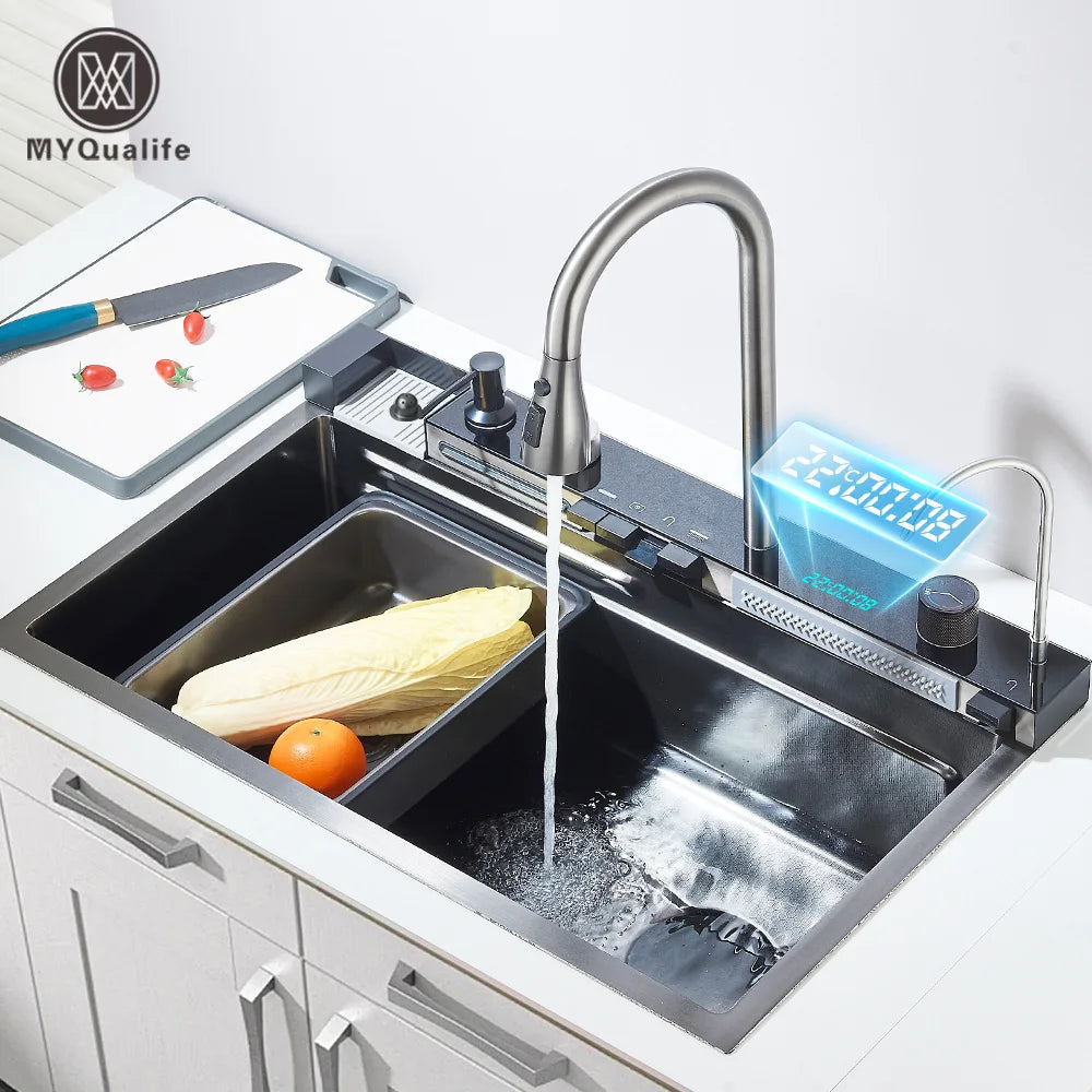 MYQualife 304 Stainless Steel Waterfall Kitchen Sink Faucet Set Dispenser