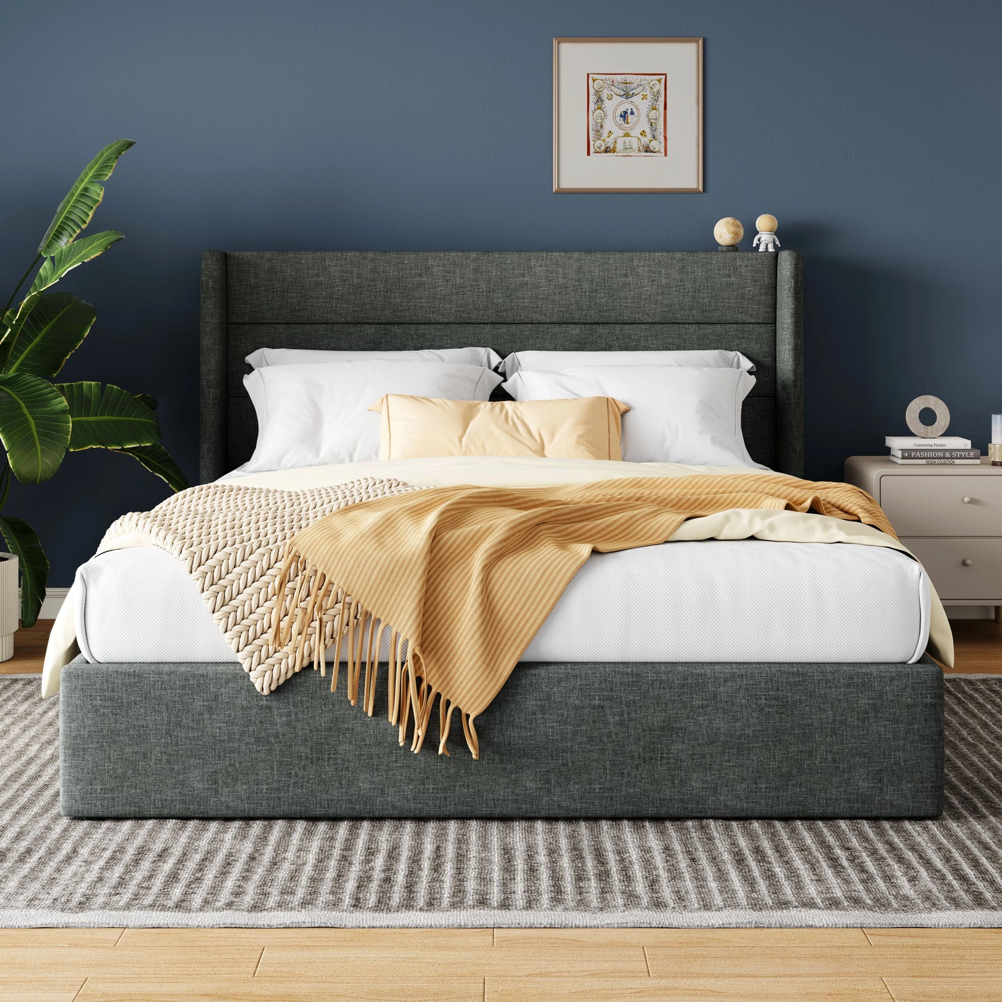 HOOMIC Lift Up Storage Bed With Wingback Headboard And Storage