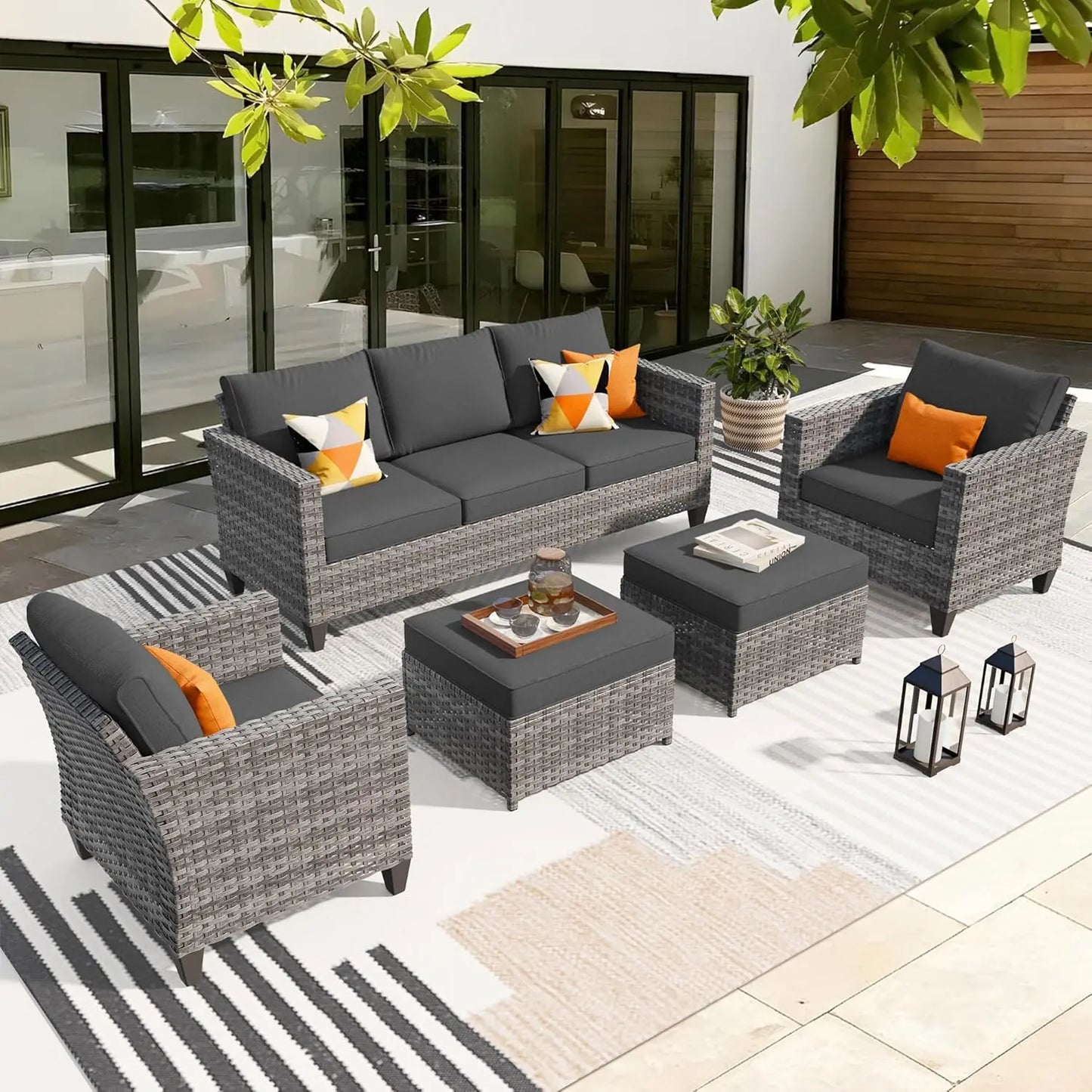 Patio Furniture Set, 5 Pieces Outdoor Wicker Sofa Couch With Chairs, Ottomans And Comfy Cushions, All Weather High, Customized