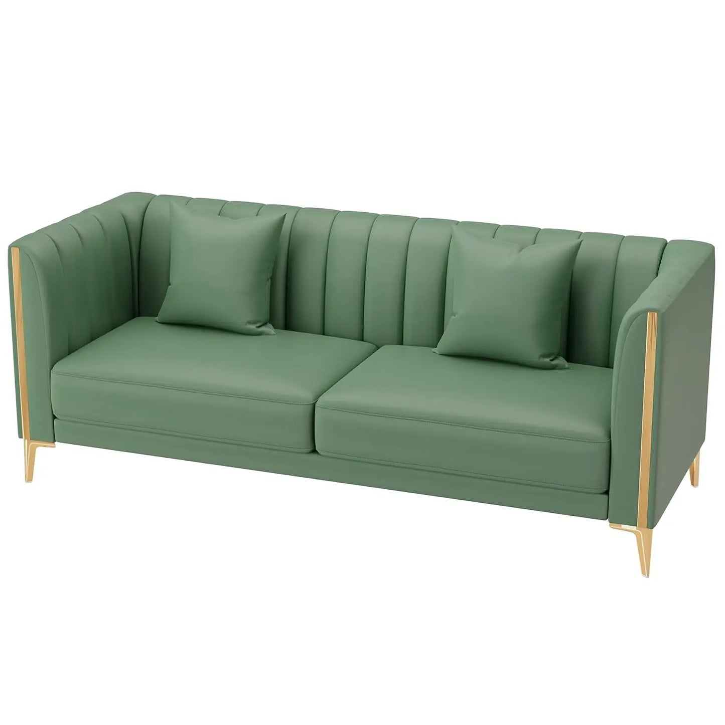 78in White Faux Leather Sofa 3 Seater Gold Metal Legs Deep Seat Living Room with 2 Pillows, Customized