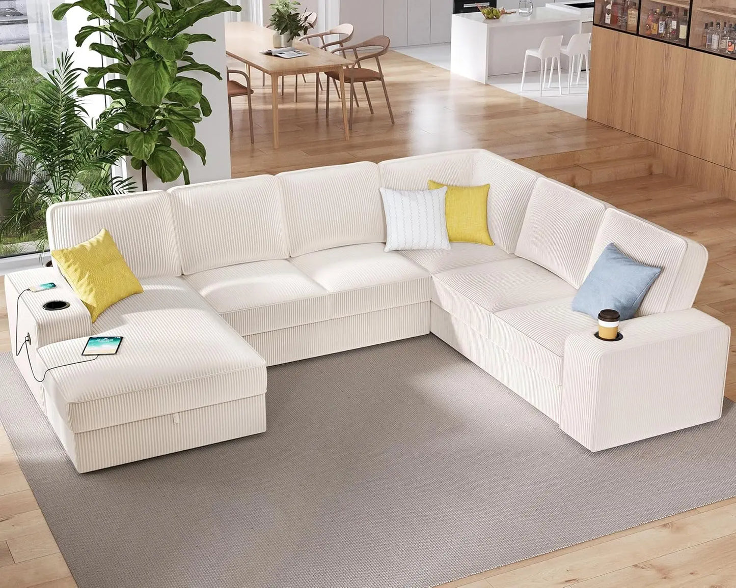 U Shaped Couch Sofa With Storage Chaise And USB Ports
