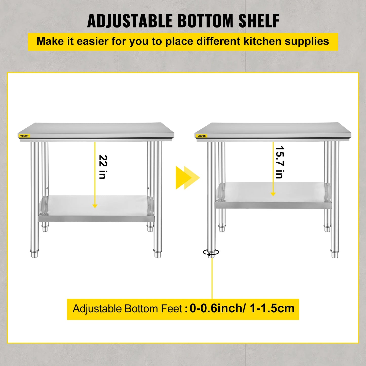 Stainless Steel Kitchen Work Bench With Undershelf 330 LBS Capacity