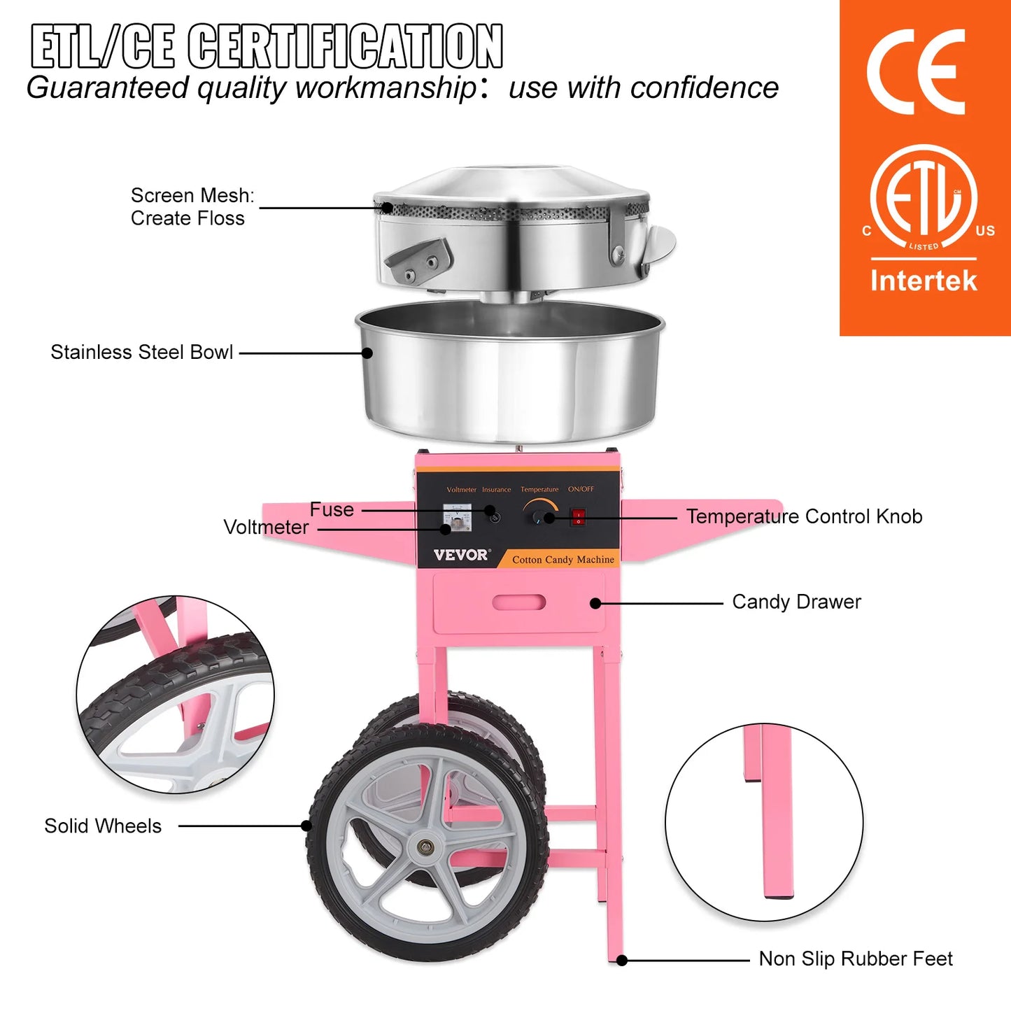 Succebuy Electric Cotton Candy Machine With Cart Stainless Steel Bowl