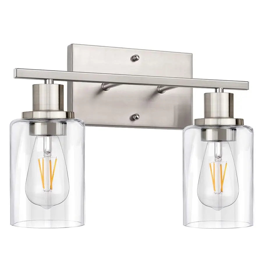Two Light Bathroom Vanity Lights With Clear Glass Shades Over Mirror