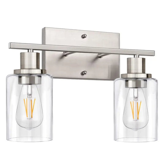 Two Light Bathroom Vanity Lights With Clear Glass Shades Over Mirror