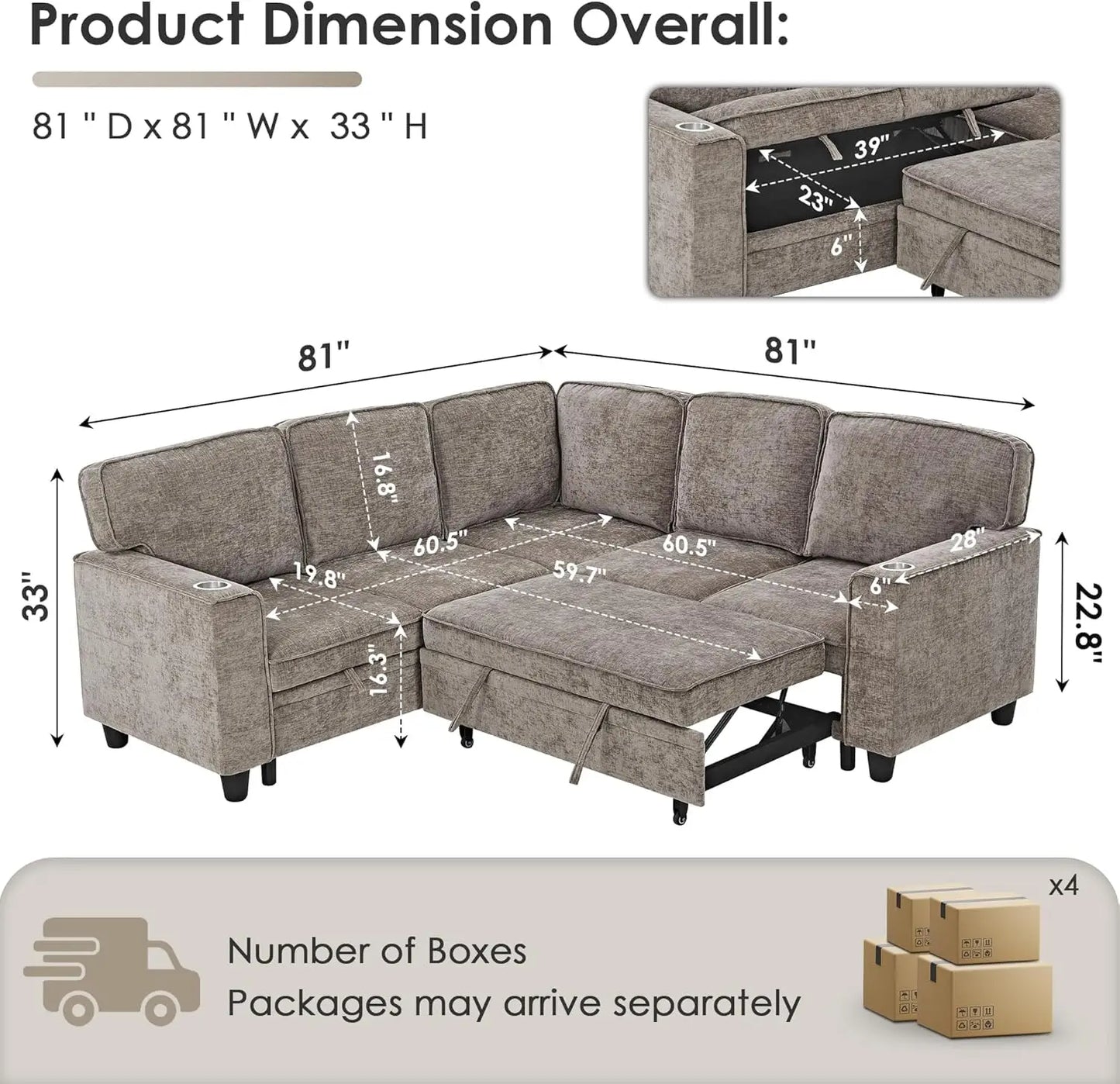 Modular L Shaped Sectional Sofa With Sleeper Storage USB Ports