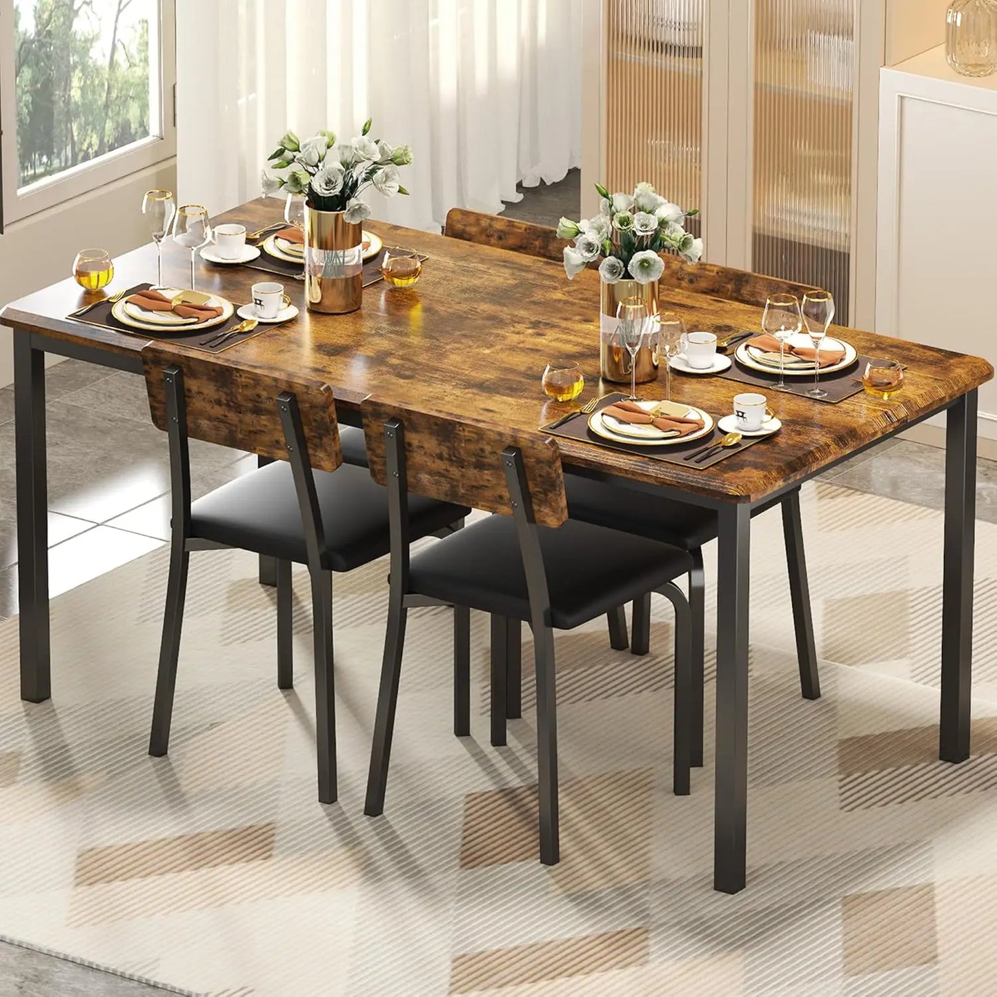 Rustic 5-Piece Dining Table Set With Upholstered Chairs