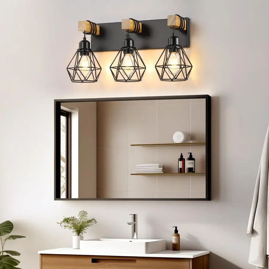 Farmhouse Wood Vanity Light Fixtures Over Mirror Sconces