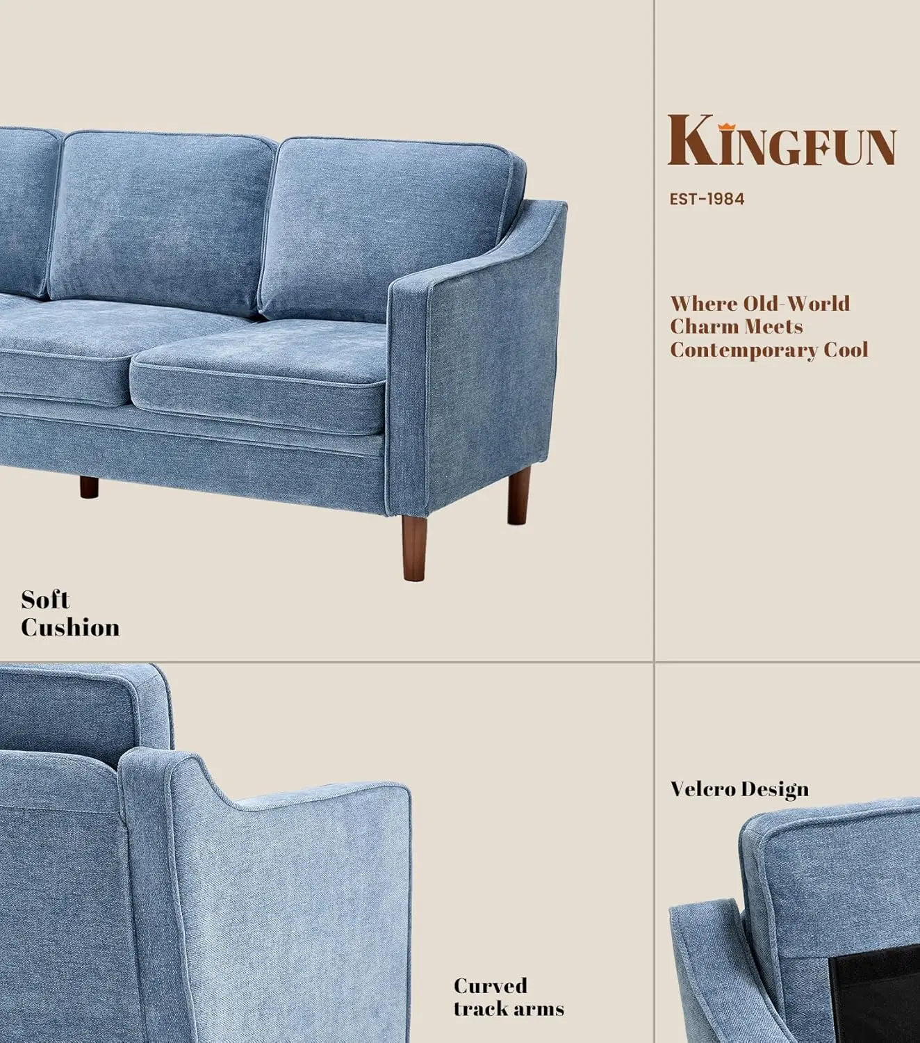 Mid Century Chenille Sofa With Solid Wood Legs For Living