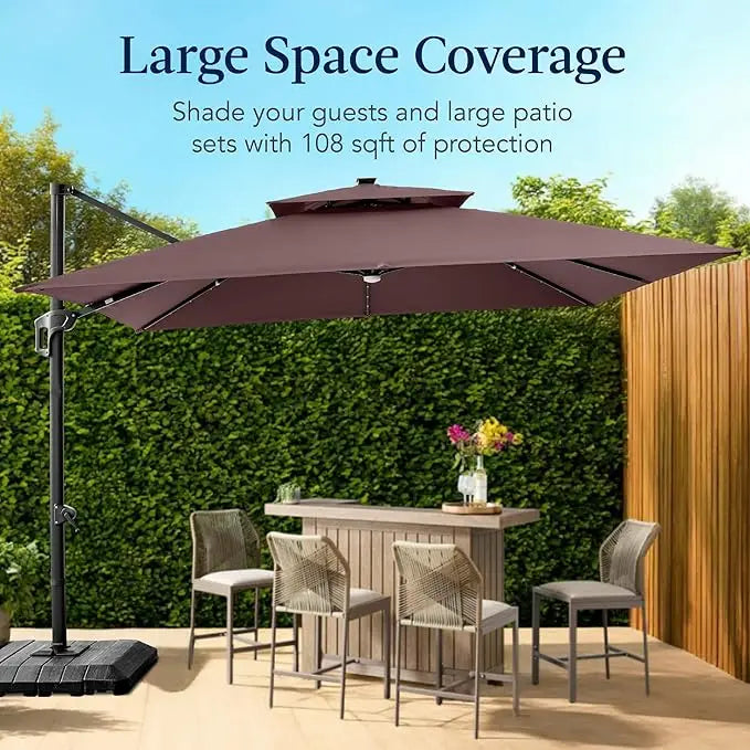 9x12ft LED Cantilever Patio Umbrella w/Base Included & 360° Rotation, Large Solar Offset Hanging Outdoor Sun Shade for Deck