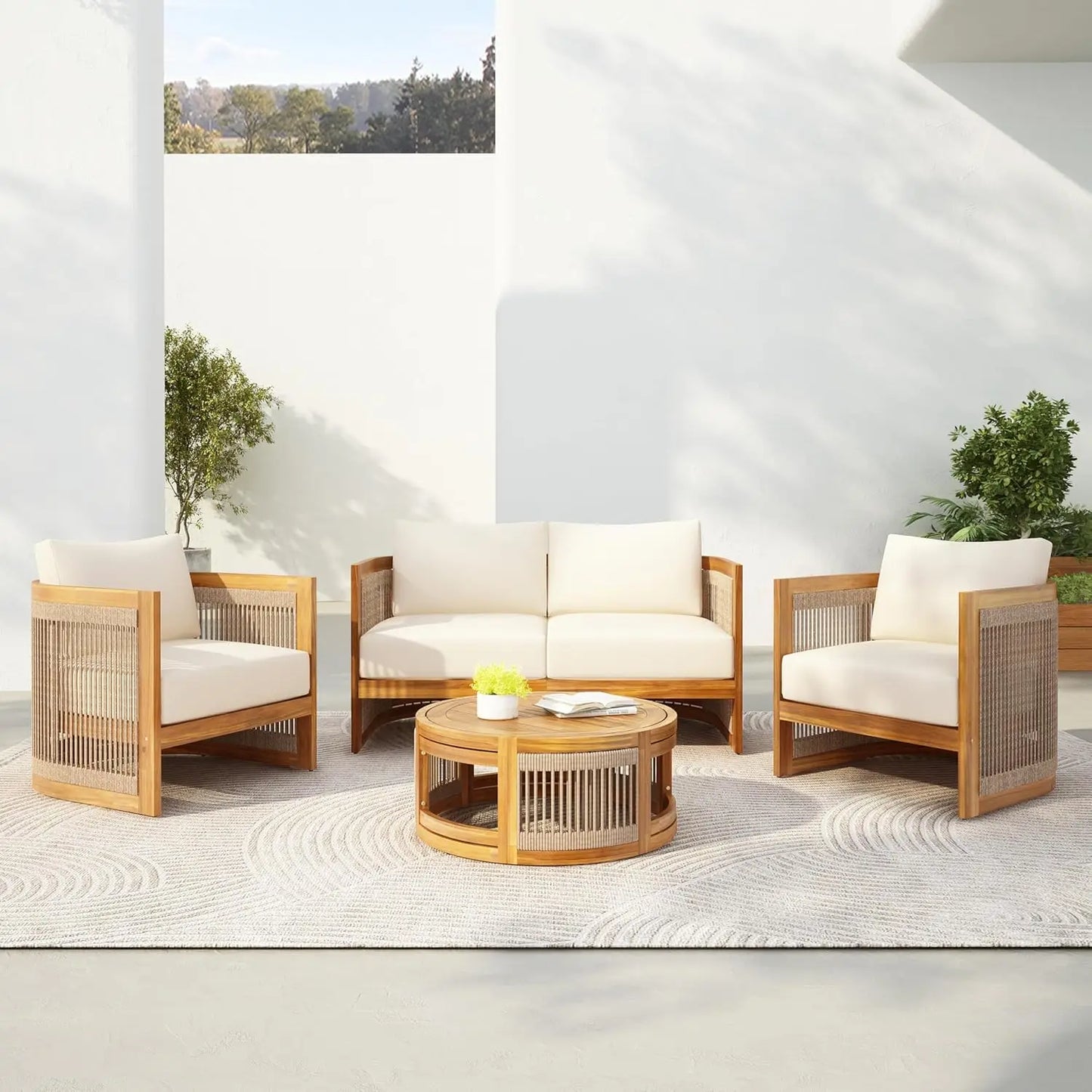Acacia Wood 4 Piece Patio Conversation Set Outdoor Furniture