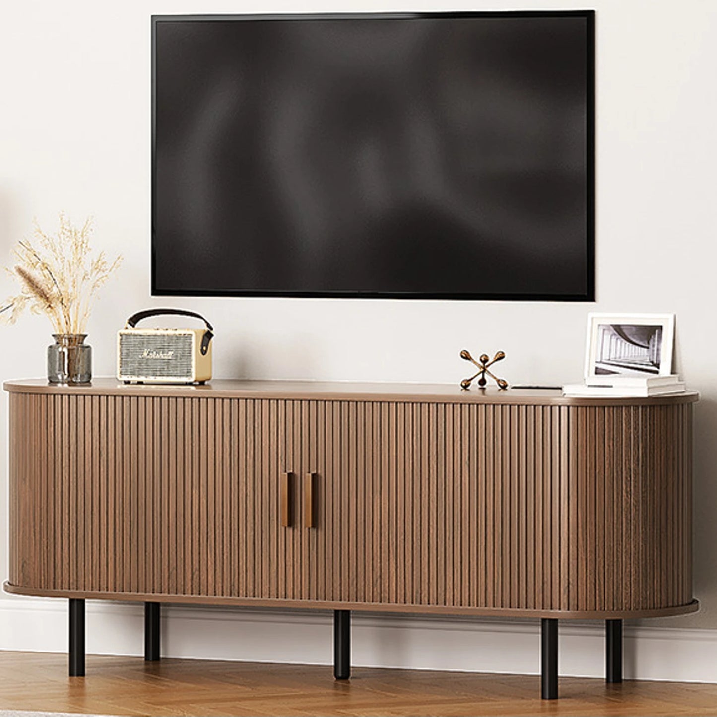 ONBRILL TV Stand With Power Outlet Sliding Doors Adjustable Shelves