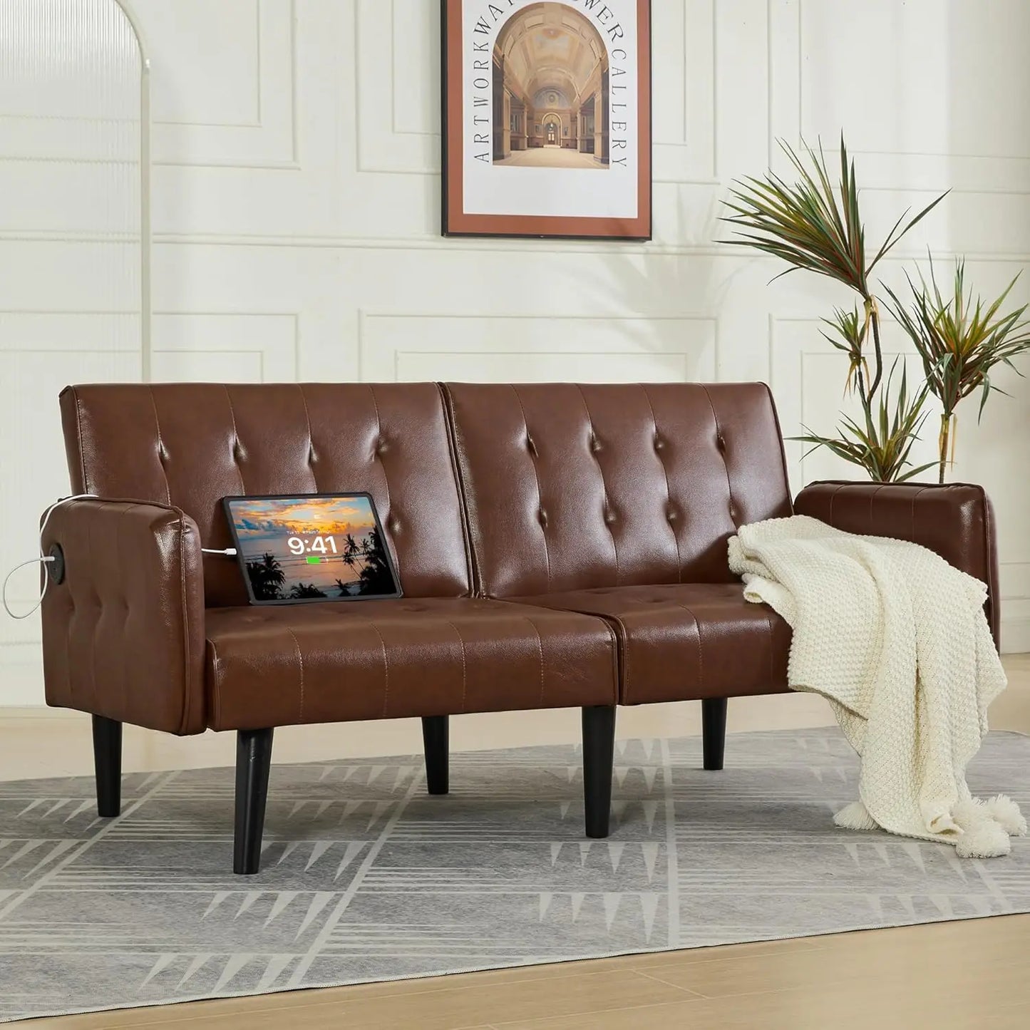Futon Sofa Bed With USB Tufted Upholstered Loveseat Modern Mid Century
