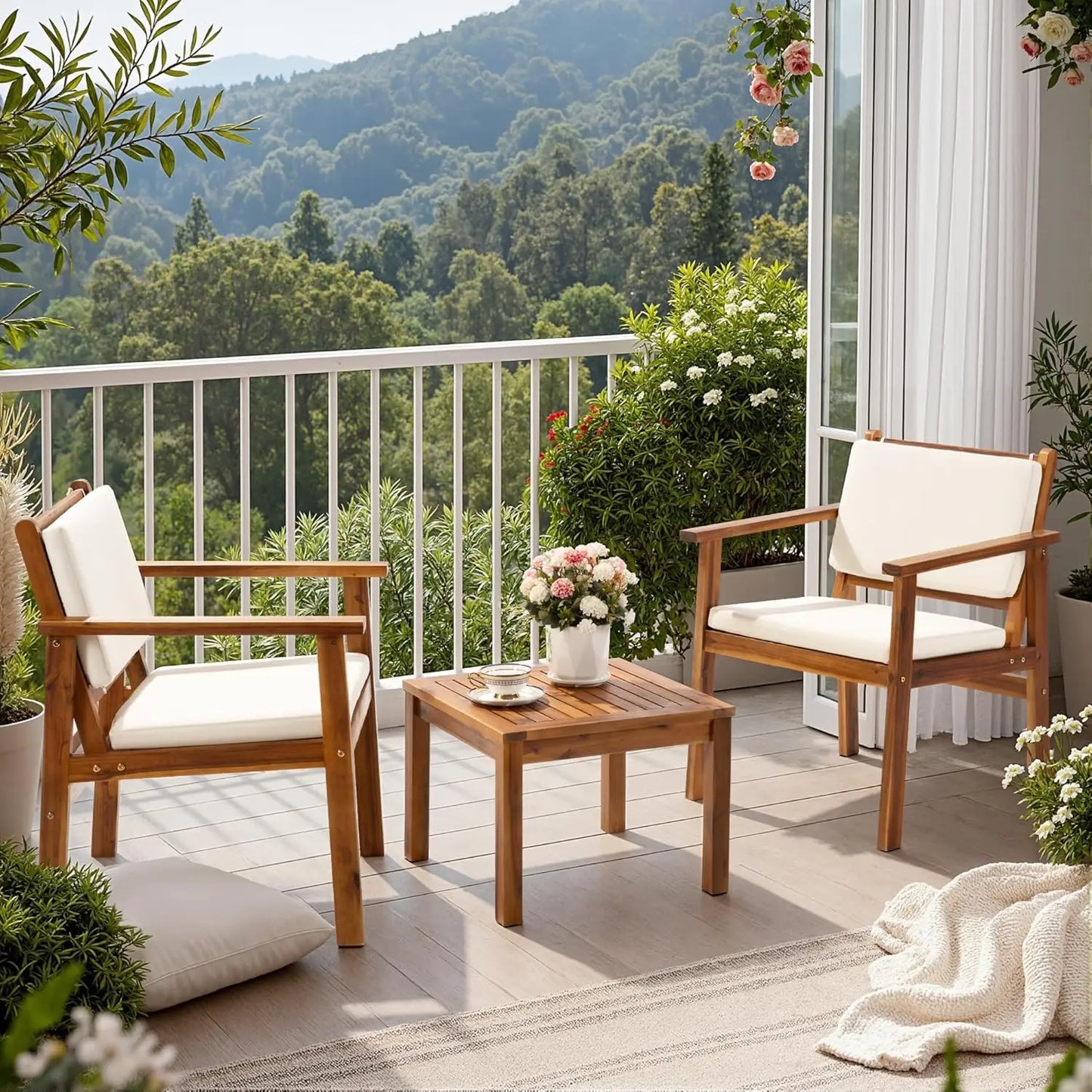 Patio Chairs 3 Piece Acacia Wood Outdoor Conversation Set Coffee Table Cushions