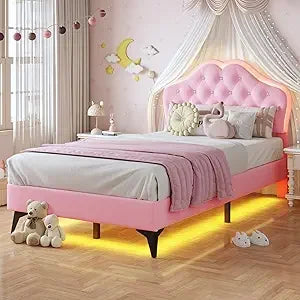Twin Size Girl Bed with Storage Drawer & LED Lights, Upholstered Platform Bed, Adjustable Headboard with Velvet Crystal Button P