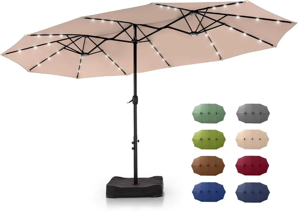 15 ft Rectangle Patio Umbrella with Solar Lights and Base Included, Double-Sided Market Table Umbrella with Crank, Large Outdoor