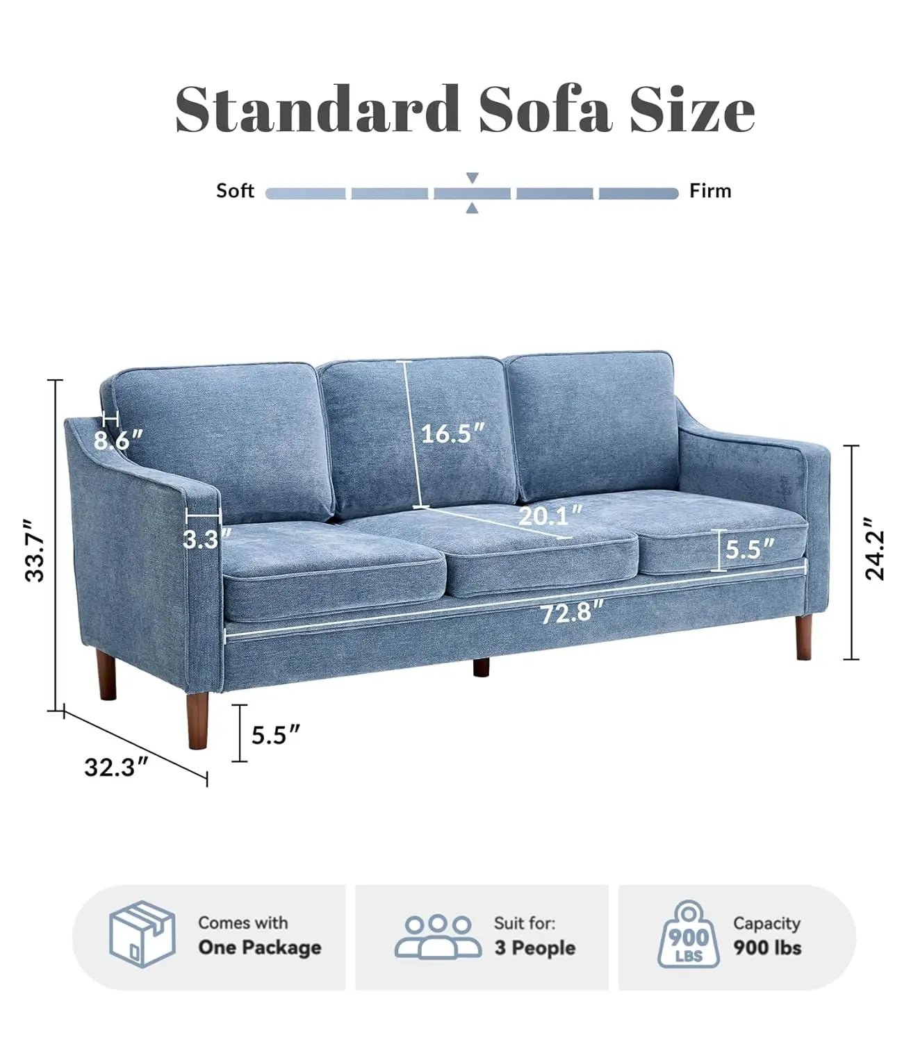 Mid Century Chenille Sofa With Solid Wood Legs For Living