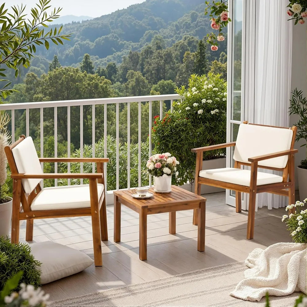 Patio Chairs 3 Piece Acacia Wood Outdoor Conversation Set Coffee Table Cushions
