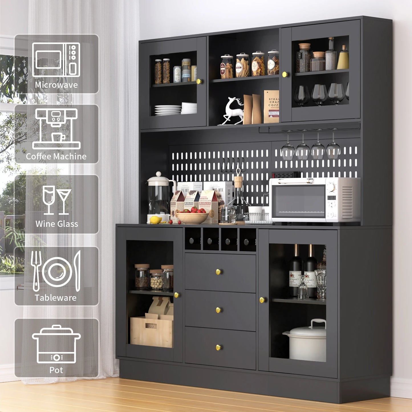 VOWNER Pantry Cabinet Freestanding Kitchen Storage Pegboard Power Outlet