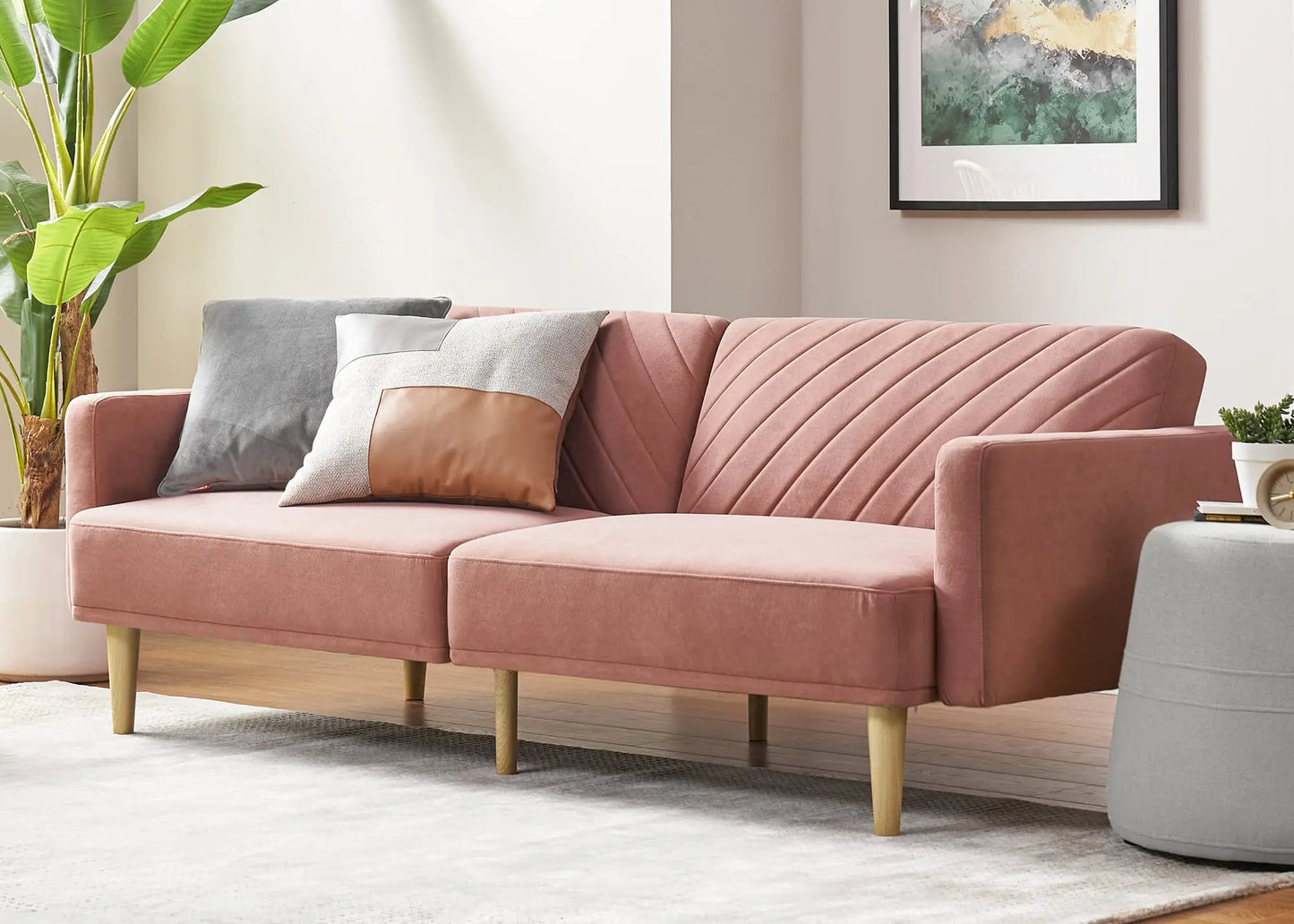 Mid Century Futon Sofa Bed PU Leather Loveseat Wood Frame