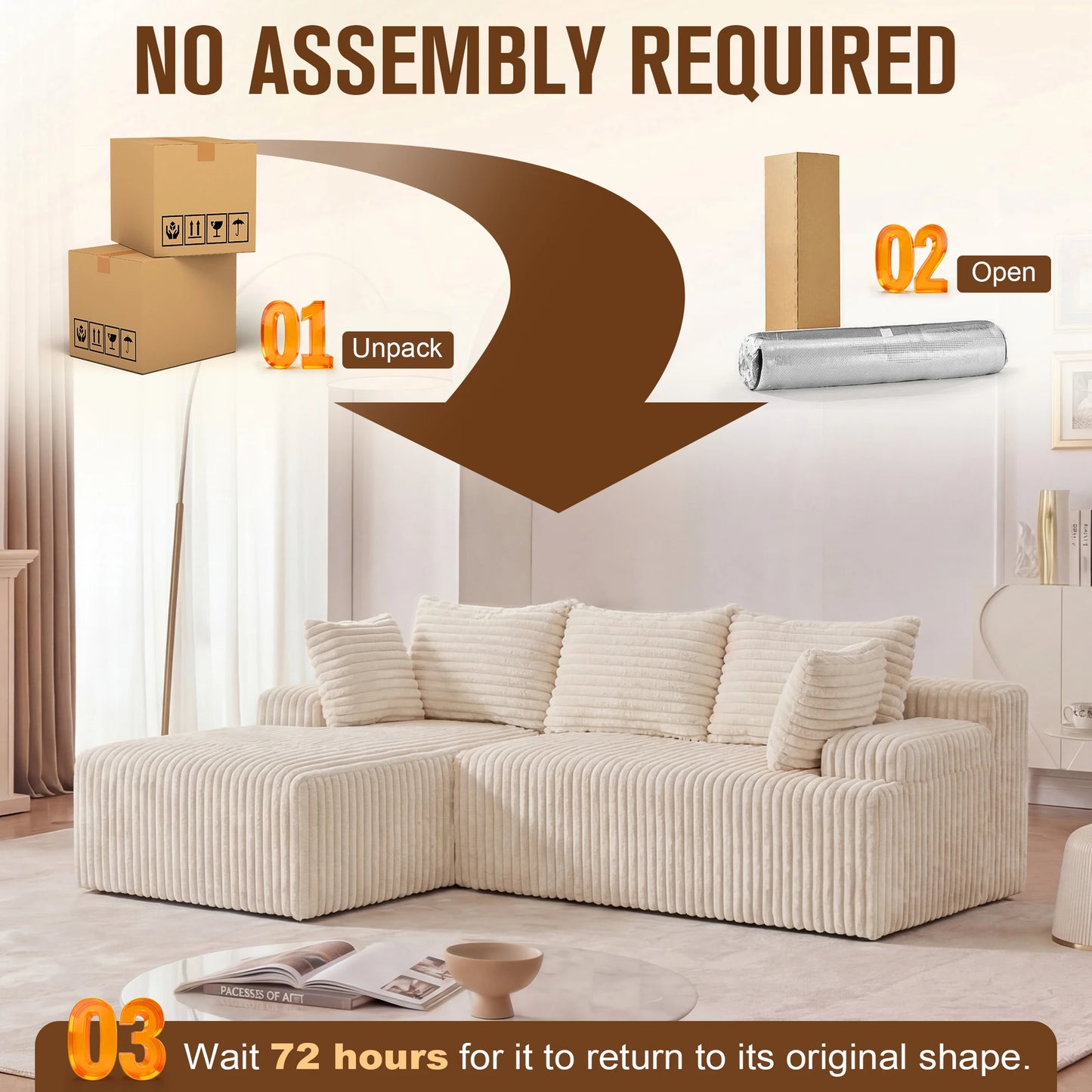 Redlife L Shape Corduroy Sectional Sofa Cloud Like Couch No Assembly Required
