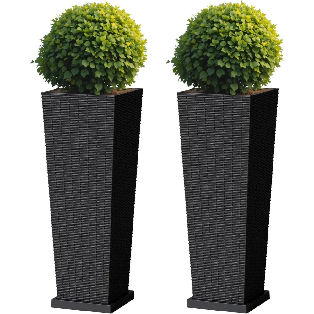 Resin Rattan Design Planters Set of 2 Durable Weather Resistant