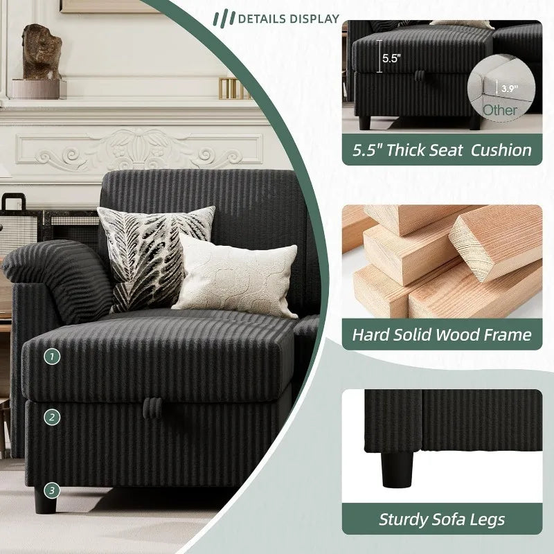 79" Convertible Sectional Couch Sofa with Storage Ottoman, 3 Seat L Shaped Couch with Side Storage Pockage, Linen Fabr