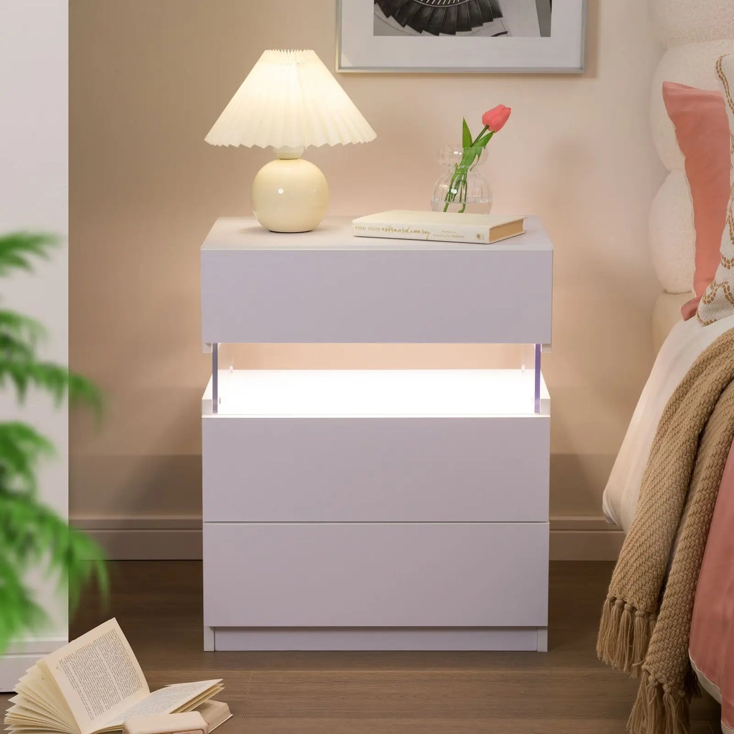 Cubehom LED Bedside Tables 2 Pack With 3 Drawers Bedroom