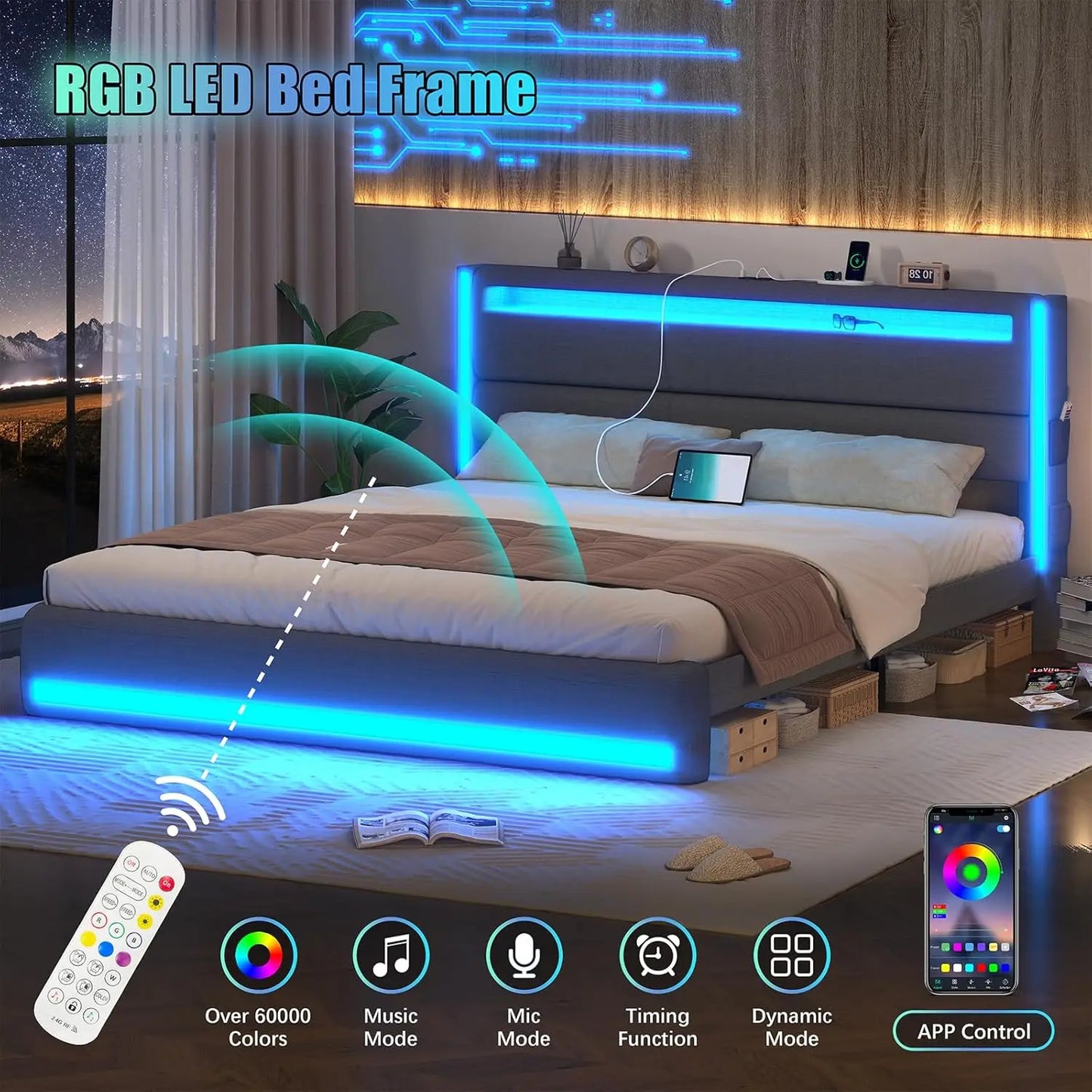 Platform Bed With LED Lights USB Charging And Adjustable Headboard