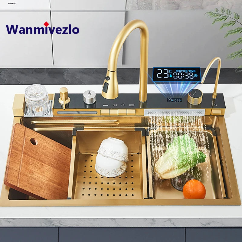 Wanmivezlo Brushed Stainless Steel Kitchen Sink Waterfall Single Bowl