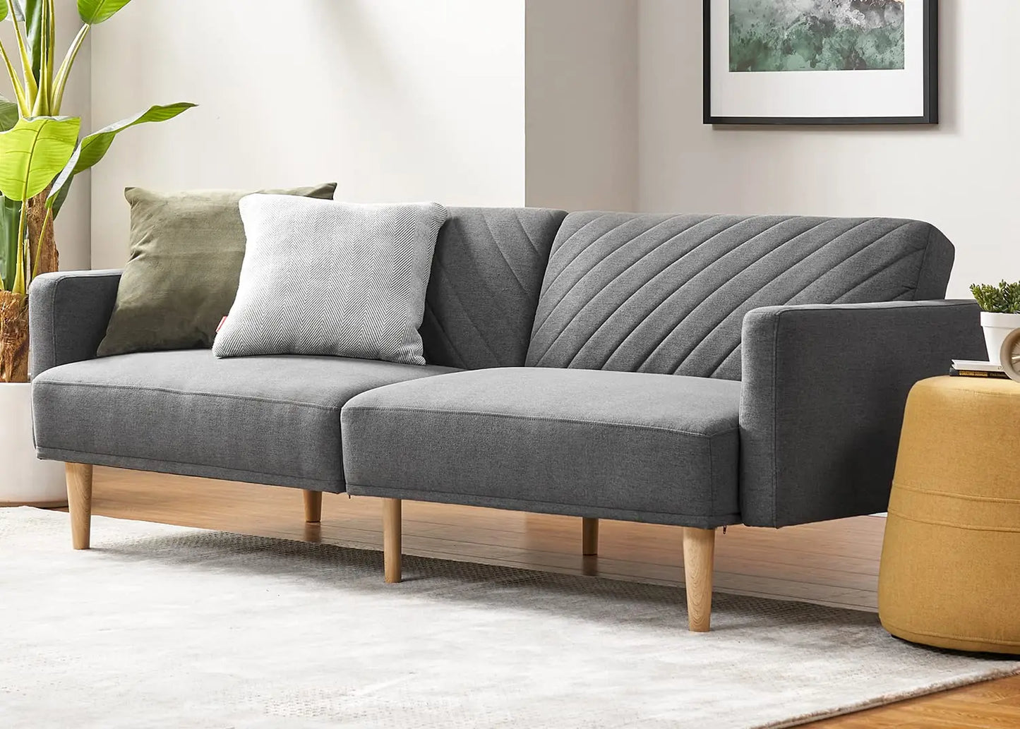Mid Century Futon Sofa Bed PU Leather Loveseat Wood Frame