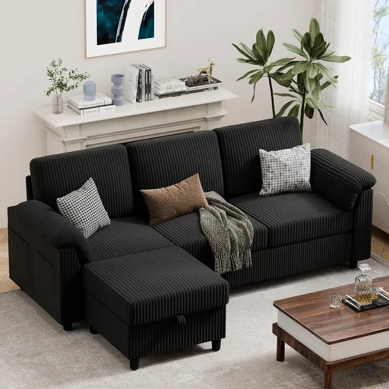 79" Convertible Sectional Couch Sofa with Storage Ottoman, 3 Seat L Shaped Couch with Side Storage Pockage, Linen Fabr