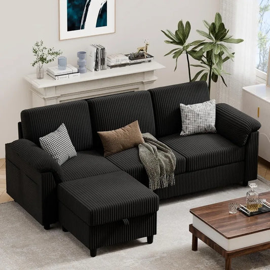 79" Convertible Sectional Couch Sofa with Storage Ottoman, 3 Seat L Shaped Couch with Side Storage Pockage, Linen Fabr