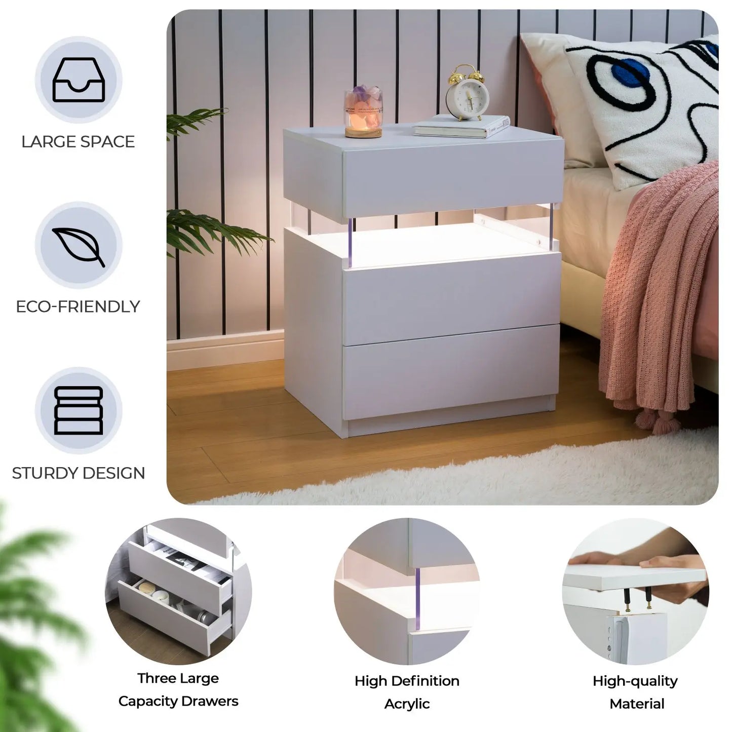 Cubehom LED Bedside Tables 2 Pack With 3 Drawers Bedroom