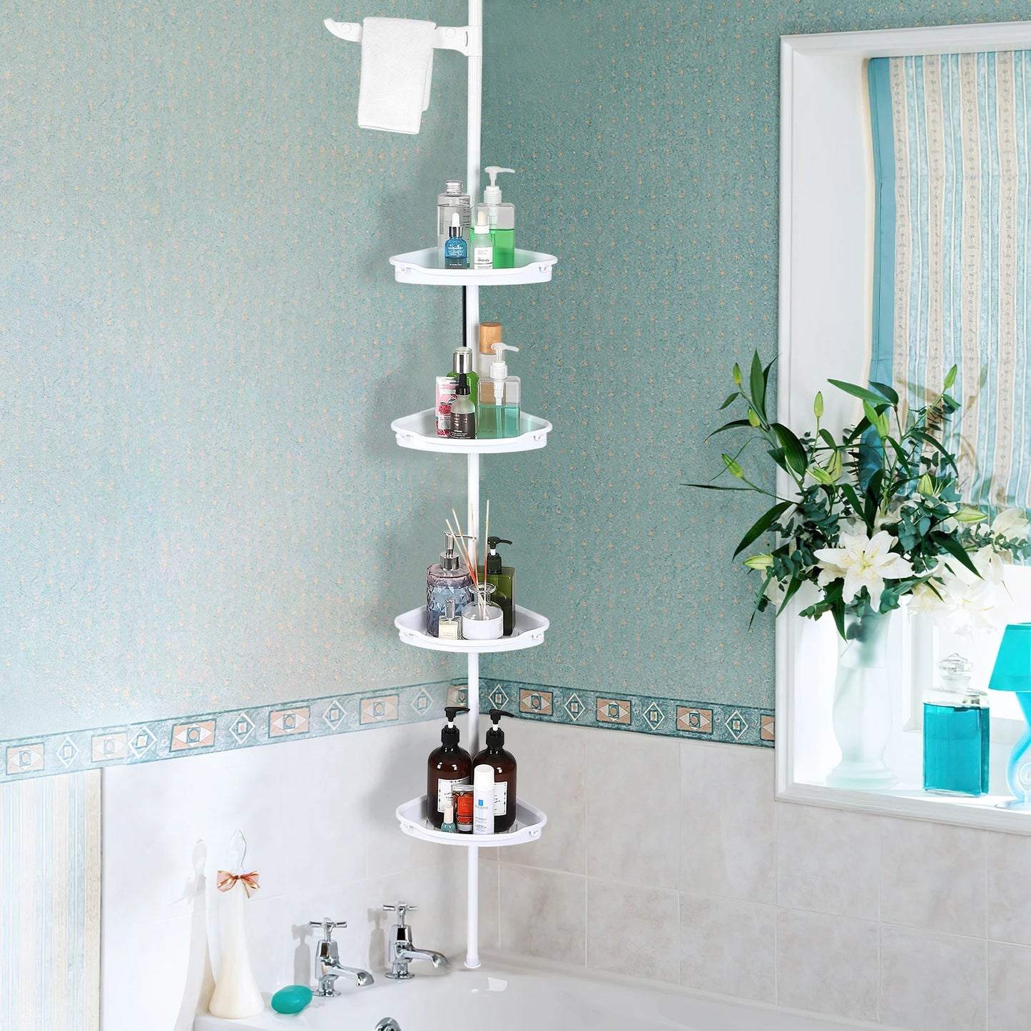 TWISTER.CK Corner Shower Caddy Tensioner With Four Tier Racks