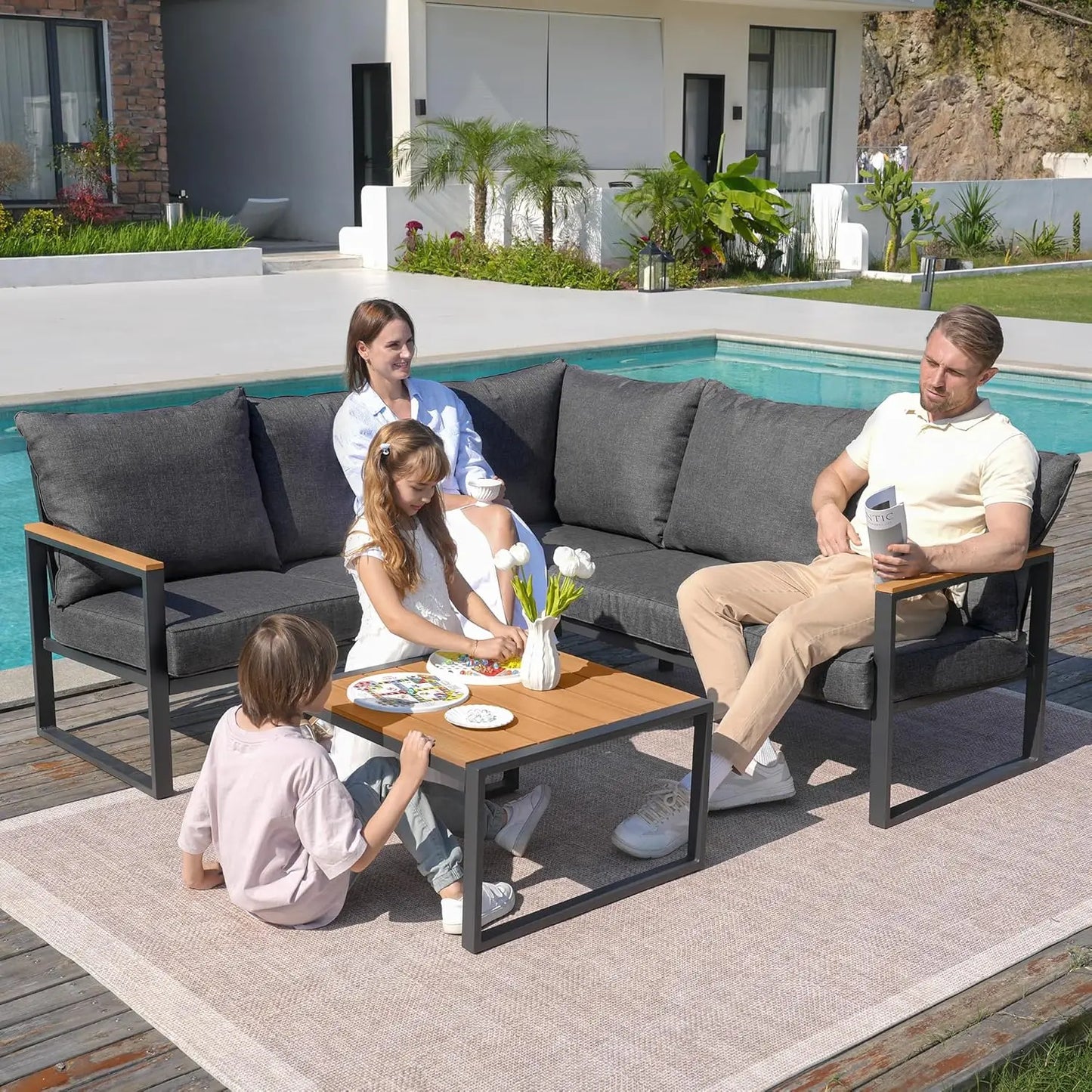 Metal Patio Furniture Set, 6 Pieces Outdoor Sectional Sofa Set with Side Table, L Shape Patio Conversation Set with, Customized