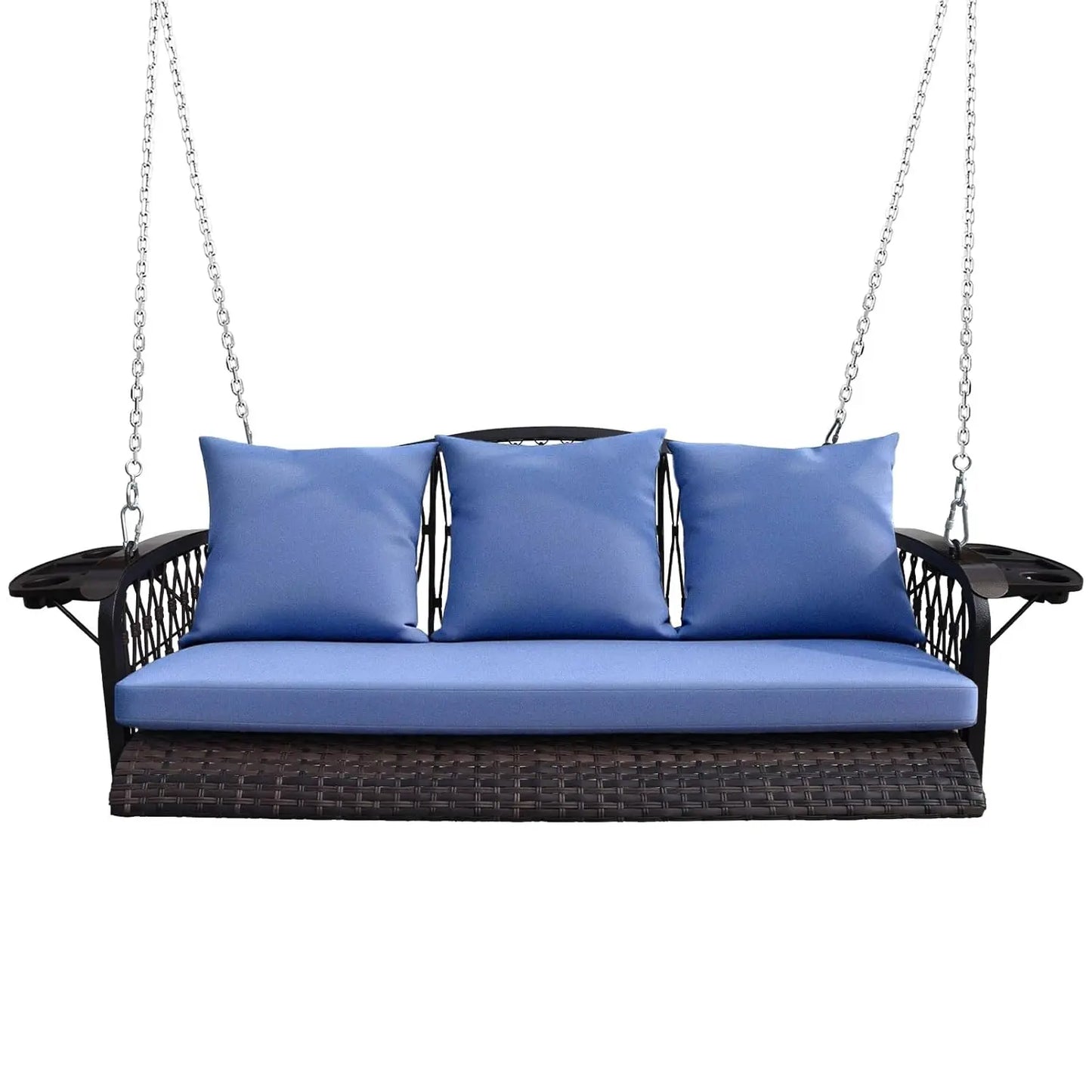 Outdoor Wicker Porch Swing Chair With Cushions And Cup Holders
