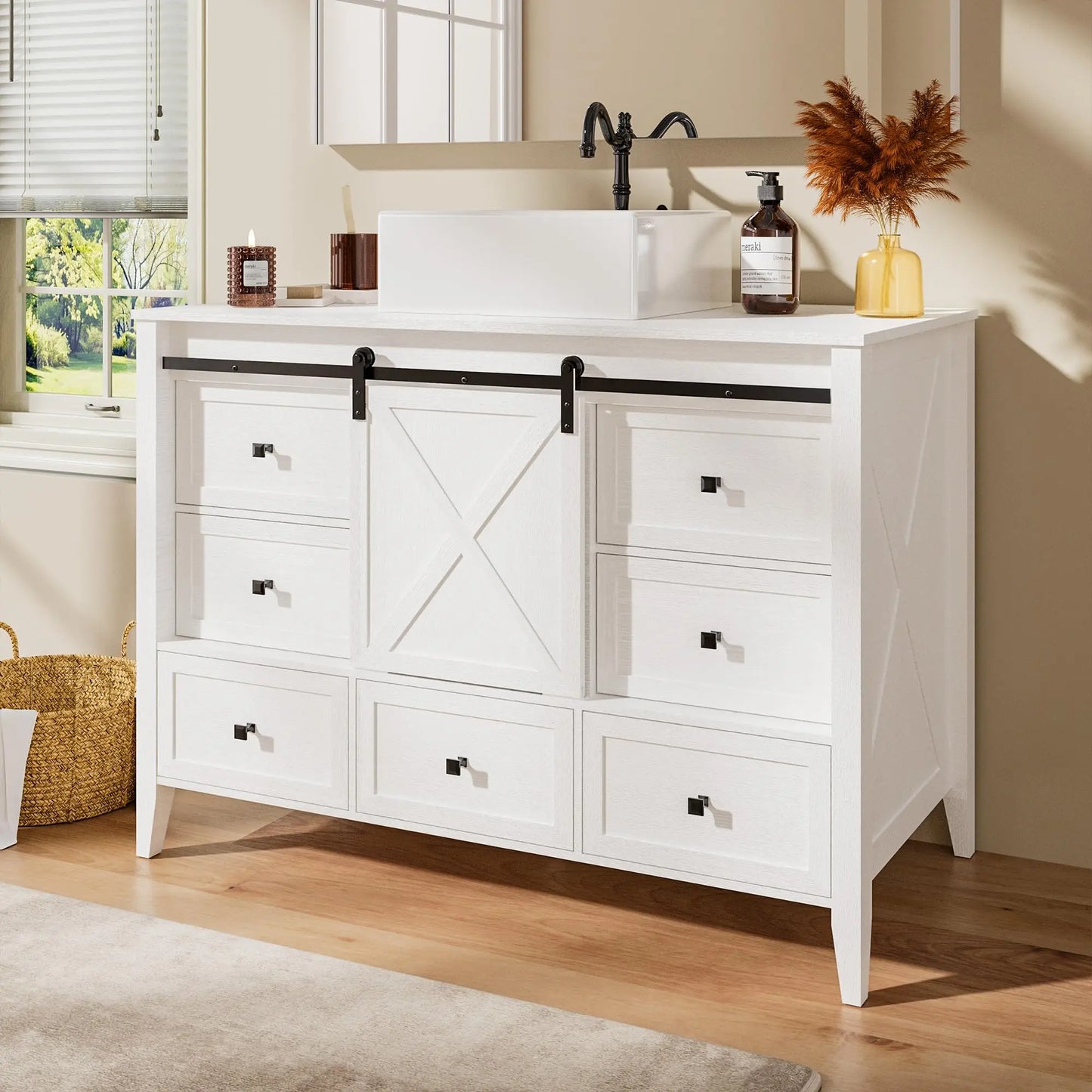 Bathroom Vanity With Ceramic Sink Freestanding Farmhouse Barn Door