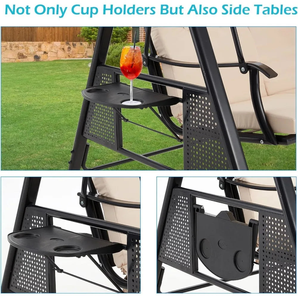 Outdoor 3 Seat Porch Swing With Adjustable Canopy And Cushions
