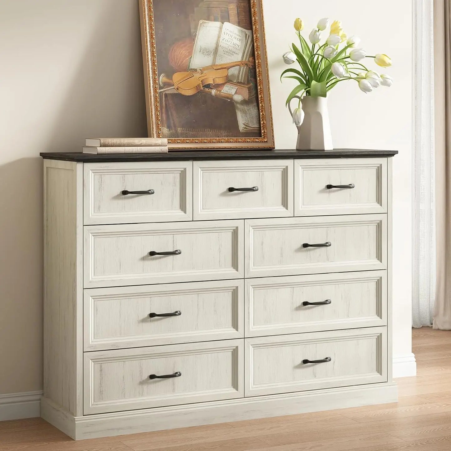 9 Drawer Dresser for Bedroom,with Large Drawers, 55 Inch Wide Modern Walnut Dresser TV Stand