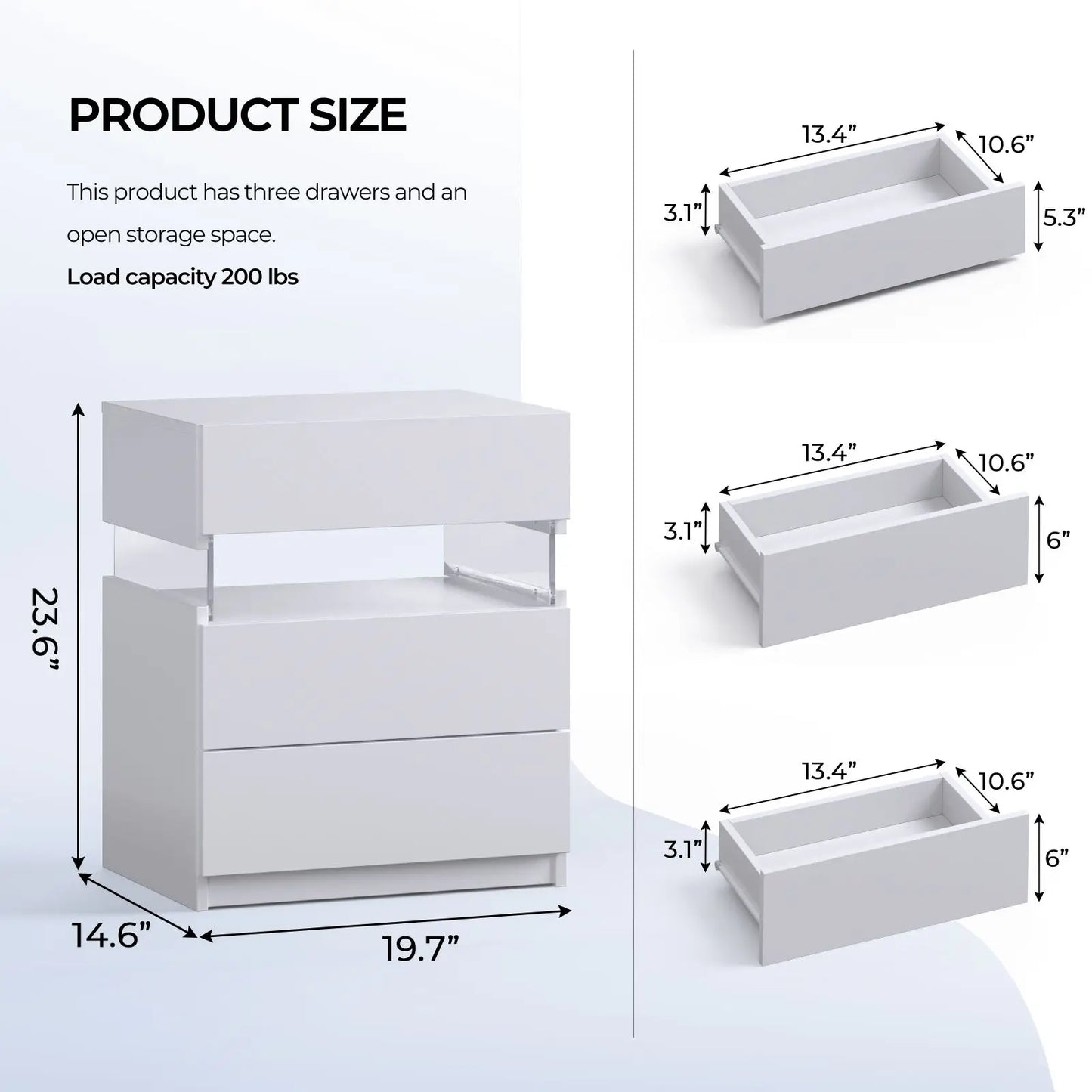 Cubehom LED Bedside Tables 2 Pack With 3 Drawers Bedroom