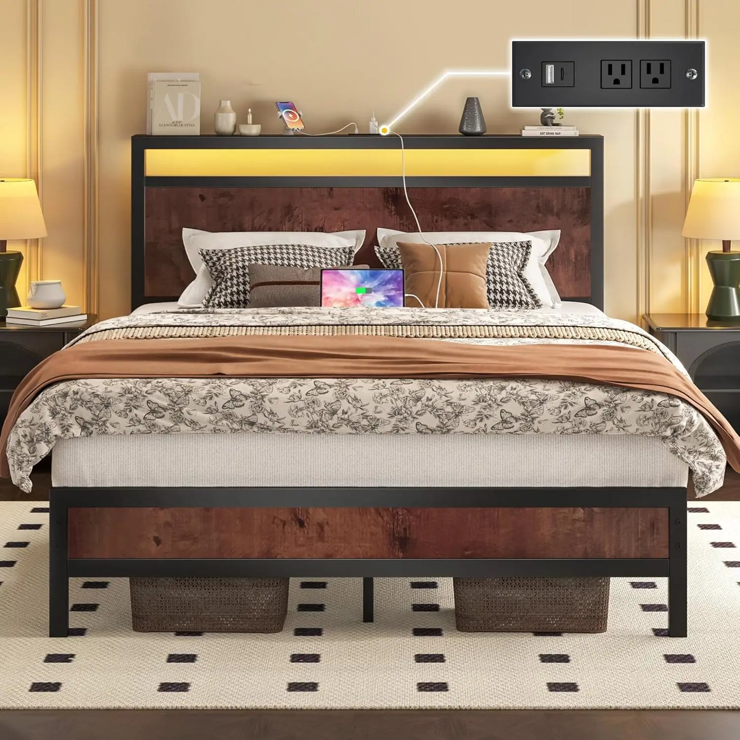 Bed Frame With Headboard And Footboard With USB Charging And LED Light